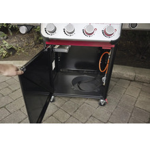 Gril à gaz avec porte ouverte pour ranger les accessoires et la bouteille de gaz