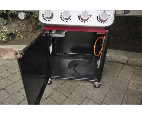 Gril à gaz avec porte ouverte pour ranger les accessoires et la bouteille de gaz