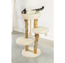 Katze ruht auf einem Kratzbaum mit drei Ebenen und Spielzeug
