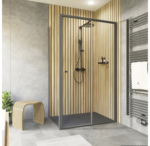 Cabine de douche avec cadre noir, pomme de douche et douchette à main dans une salle de bain au design moderne.