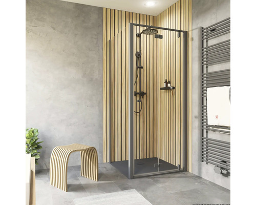 Porte de douche avec paroi latérale avec porte à vantaux pliants et pivotants SCHULTE Trend 2.0 90 x 80 cm profilé noir verre transparent butée de paroi latérale gauche tirant droite Porte de douche avec paroi latérale avec porte à vantaux pliants et pivotants SCHULTE Trend 2.0 90 x 80 cm profilé noir verre transparent butée de paroi latérale gauche tirant droite