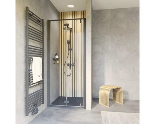 Niche avec porte à vantaux pliants et pivotants SCHULTE Trend 2.0 100 cm profilé noir verre transparent tirant droite Niche avec porte à vantaux pliants et pivotants SCHULTE Trend 2.0 100 cm profilé noir verre transparent tirant droite