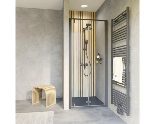 Niche avec porte à vantaux pliants et pivotants SCHULTE Trend 2.0 100 cm profilé noir verre transparent tirant gauche Niche avec porte à vantaux pliants et pivotants SCHULTE Trend 2.0 100 cm profilé noir verre transparent tirant gauche