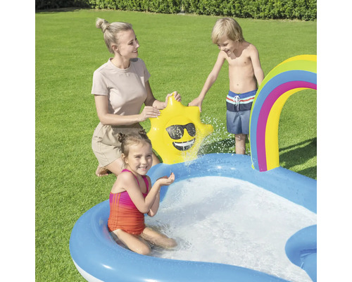 Aufblasbares Planschbecken mit Sonnensprinkler und Regenbogen für Kinder im Garten mit Mutter und zwei Kindern.