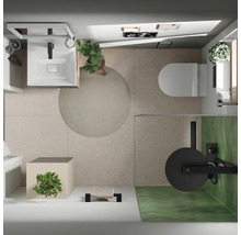 Draufsicht eines Badezimmers mit Waschbecken, Toilette und grünen Akzenten