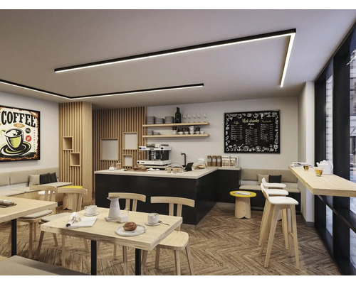 Intérieur d''un café avec des tables, des chaises, un comptoir et un éclairage