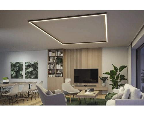 Salon moderne avec plafonnier LED rectangulaire, table à manger et télévision