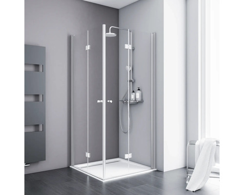 Douche accès d'angle avec porte à vantaux pliants et pivotants SCHULTE AlexaStyle 2.0 90 x 100 cm profilé aluminium verre transparent réversible Douche accès d'angle avec porte à vantaux pliants et pivotants SCHULTE AlexaStyle 2.0 90 x 100 cm profilé aluminium verre transparent réversible