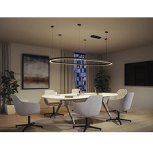 Salle de conférence avec table ovale, chaises et suspension ovale