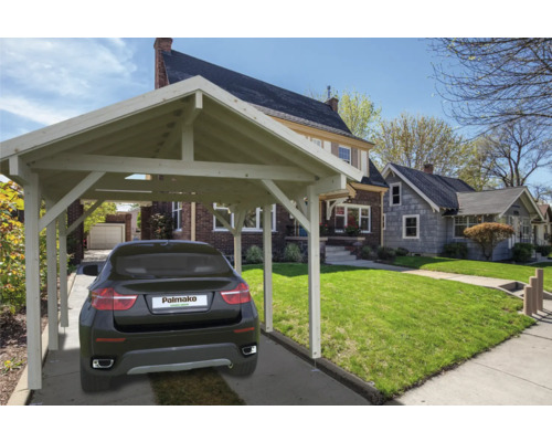 Carport aus Holz mit geparktem Auto vor einem Haus