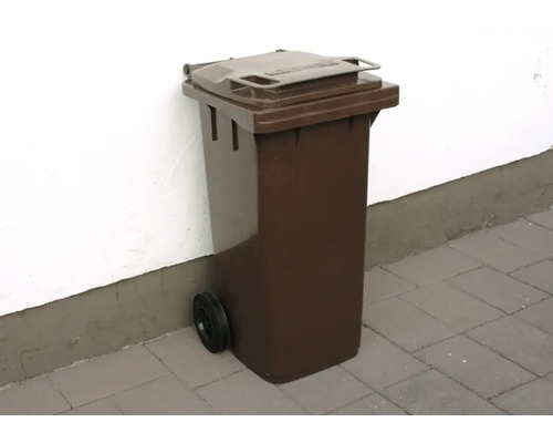 Braune Mülltonne mit Deckel und Rädern