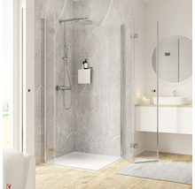 Salle de bain moderne avec cabine de douche, lavabo et miroir