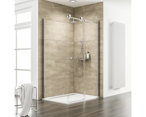 Porte de douche avec paroi latérale avec porte coulissante/à glissière SCHULTE MasterClass 160 x 75 cm profilé chrome verre transparent réversible Porte de douche avec paroi latérale avec porte coulissante/à glissière SCHULTE MasterClass 160 x 75 cm profilé chrome verre transparent réversible