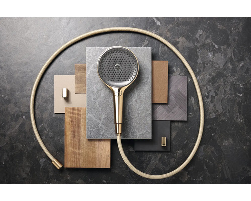 Handbrause mit Brauseschlauch und Materialmustern