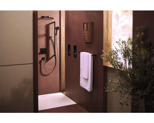 Badezimmer mit Dusche, Handtuch und Pflanze für eine entspannende Atmosphäre.