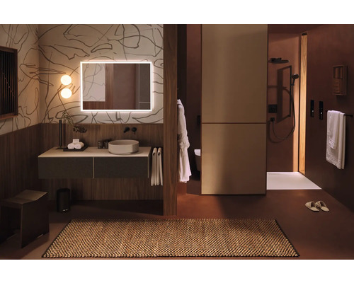 Badezimmer mit Waschtisch, Spiegel, Dusche und Teppich