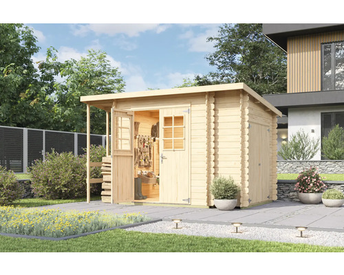 Gartenhaus Outdoor Life Vilano 3 inkl. Fußboden, Geräteraum 340 x 235 cm natur Holzgartenhaus mit geöffneter Tür und Gartengeräten