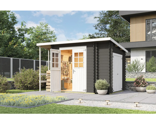 Gartenhaus Outdoor Life Vilano 3 inkl. Fußboden, Geräteraum 340 x 235 cm carbongrau Gartenhaus mit geöffneten Türen, Werkzeugen und Pflanzen