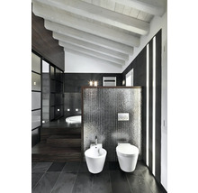 Salle de bain moderne avec toilettes, bidet, carrelage et éclairage