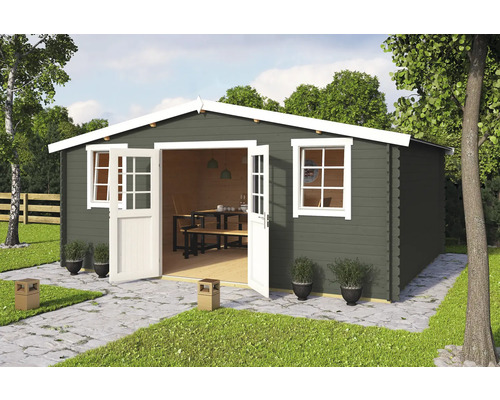 Gartenhaus Outdoor Life Wels 5 inkl. Fußboden 548,8 x 420 cm graugrün Gartenhaus mit geöffneten Türen, Fenstern und Gartengestaltung