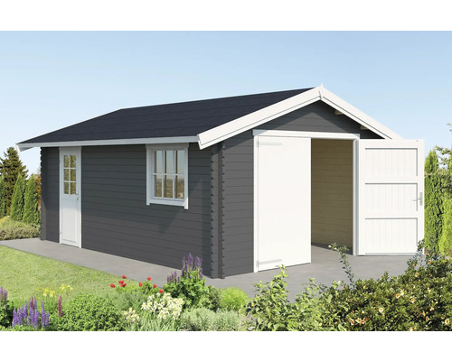 Garage simple Outdoor Life Yarik avec porte en bois 473,7 x 583 cm gris carbone Abri de jardin avec porte double et fenêtre