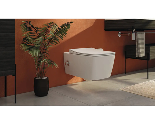 Salle de bains moderne avec WC suspendu, plante et lavabo