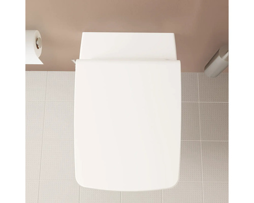 Vue de dessus de toilettes avec abattant fermé, papier toilette et support