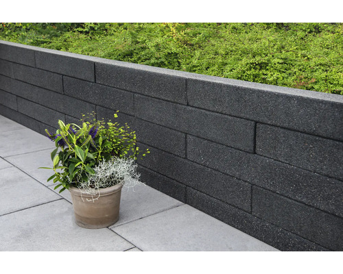 Garten mit Sichtschutzmauer aus Betonsteinen und Topfpflanze