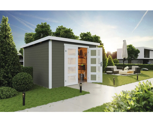Gartenszene mit Gerätehaus und Sitzgruppe