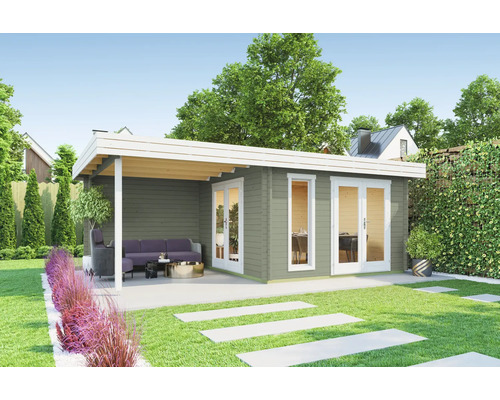 Gartenhaus Outdoor Life Anders inkl. Fußboden 688 x 414,8 cm graugrün Garten mit Gartenhaus mit Terrasse, Sitzgruppe und Rasenfläche