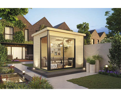 Jardin avec cabanon de jardin en bois moderne et coin salon