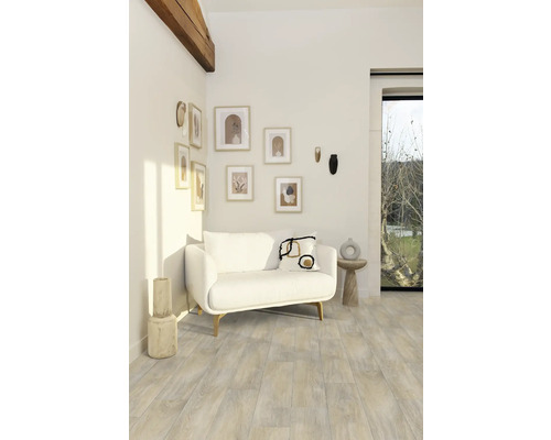 Salon avec canapé blanc, décorations murales et parquet