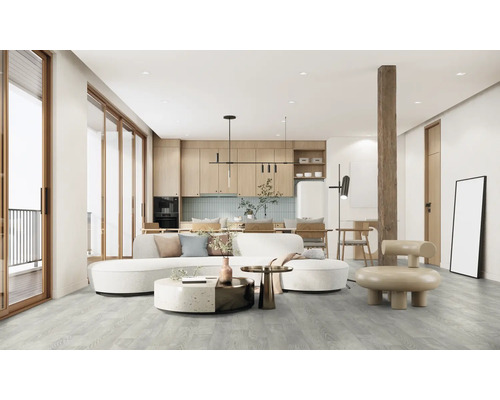 Espace de vie ouvert et lumineux avec cuisine, sièges et parquet