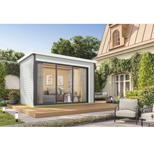 Abri de jardin moderne avec porte coulissante et terrasse périphérique dans un jardin bien entretenu