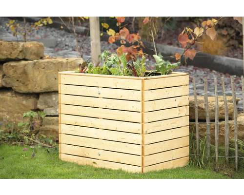 Jardinière surélevée classique WESTMANN Asket M 110 x 70 x 90 cm naturel Jardinière surélevée en bois avec des plants de salade dans le jardin