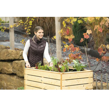 Femme avec des outils de jardinage près d''un potager surélevé avec des légumes.