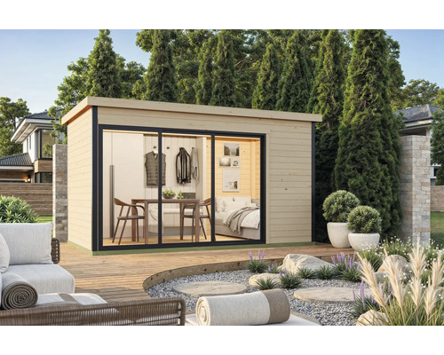 Abri de jardin moderne avec portes coulissantes, aménagé avec table à manger et coin nuit