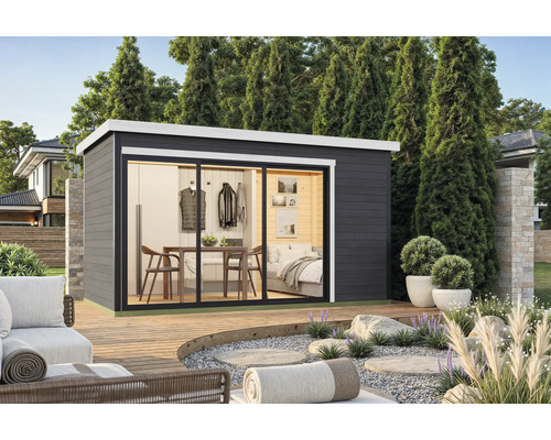 Abri de jardin moderne avec portes coulissantes, équipé d'une table, de chaises et d'un lit.