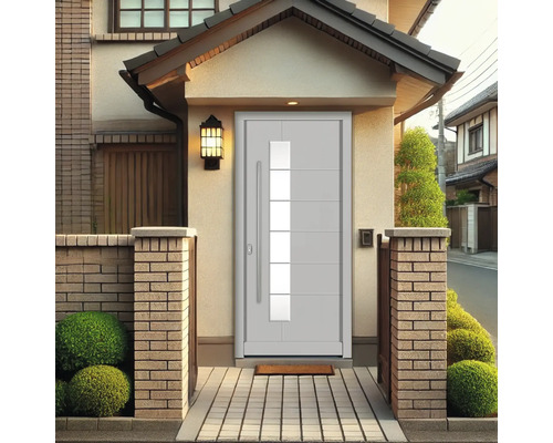 Moderne Haustür mit Glaselementen und Seitenteilen aus Backstein