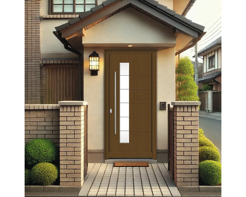 Haustür mit Glaseinsatz und Griffstange im Hauseingang