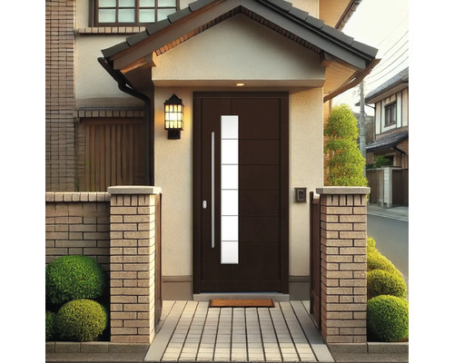 Hauseingang mit moderner Haustür mit Glaseinsatz und Griff