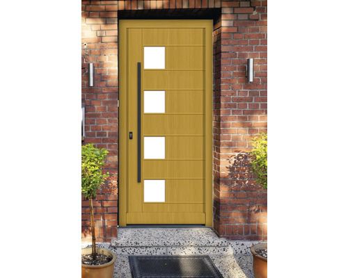 Außentür aus Holz mit Glaseinsätzen vor einer Ziegelwand