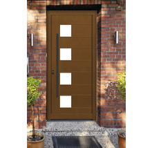 Porte d''entrée moderne en bois avec quatre panneaux de verre carrés et une longue poignée