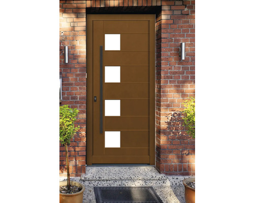 Porte d''entrée moderne en bois avec quatre panneaux de verre carrés et une longue poignée