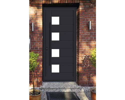 Porte d''entrée moderne avec quatre inserts en verre et poignée latérale