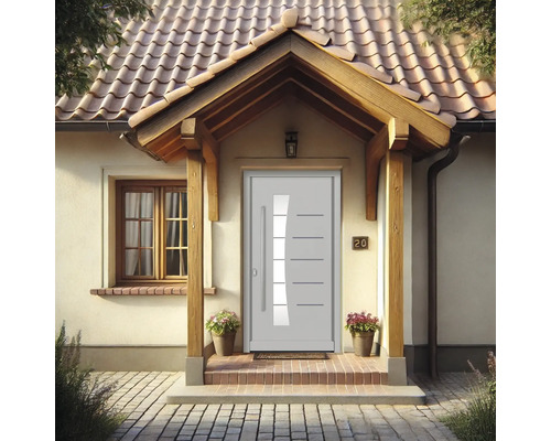 Haustür mit Glaseinsatz im Eingangsbereich eines Hauses