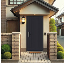 Entrée d''une maison avec porte d''entrée, piliers en maçonnerie et plantation