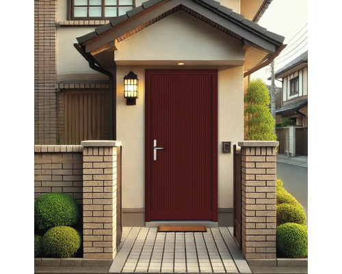 Eingangsbereich eines Hauses mit einer Haustür, einem Briefkasten und einer Aussenlampe.