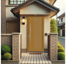 Vue extérieure d''une maison avec une porte d''entrée à rayures verticales et une longue poignée de porte.