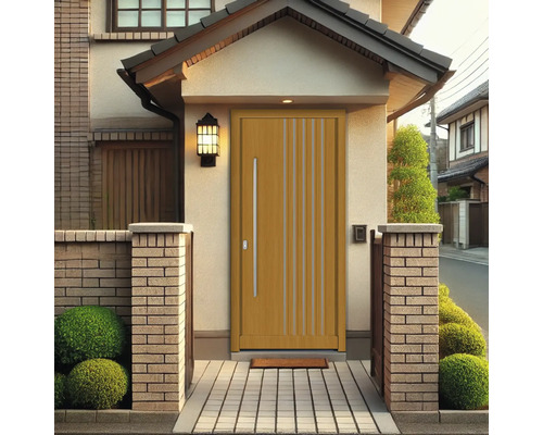 Außenansicht eines Hauses mit einer Haustür mit vertikalen Streifen und einem langen Türgriff.